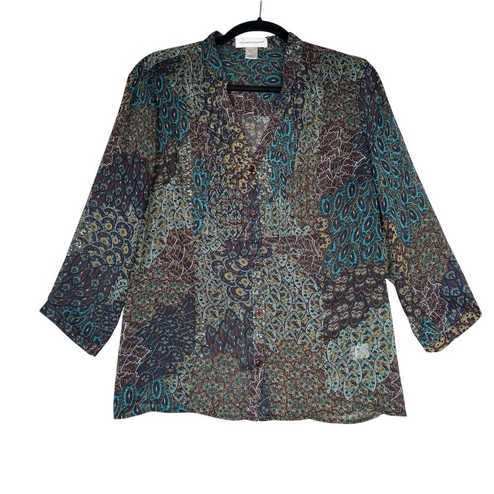 Christopher‎ Banks Shirt Womens Small Brown Turquoise Pleated Paisley Semi Sheer